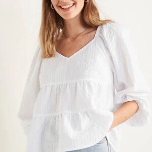 OLD NAVY Women's White Long-Sleeve Tiered Seersucker Top Cottagecore Sz M